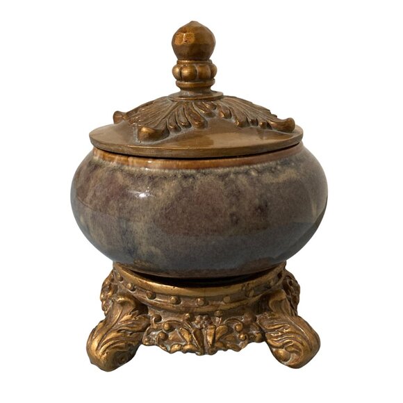 Purple Ceramic And Gold Tone Accents Decorative Bowl Container With Lid - Picture 3 of 9